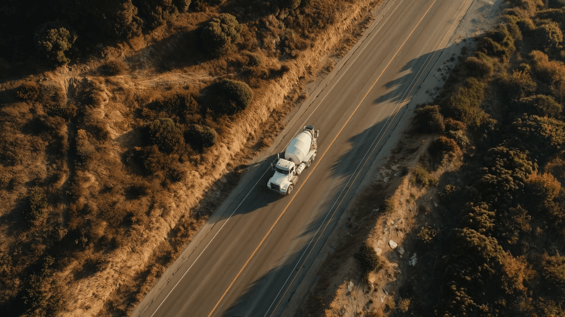 An aerial drone view of a white truck traveling down a winding two-lane highway surrounded by trees, plus cards showing the slump, water adds and drum speed in-transit