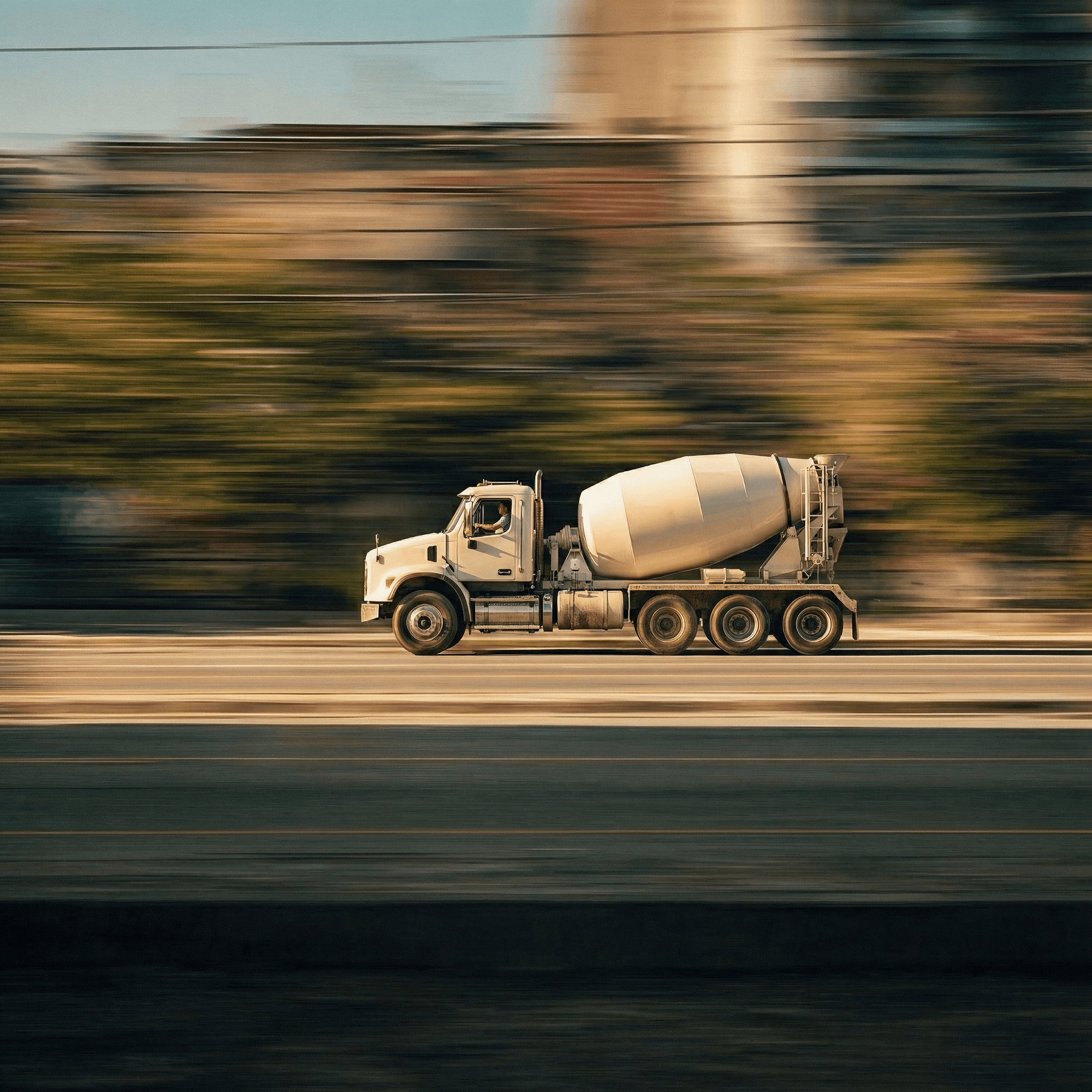 Ready-mix truck driving on highway with motion blur background