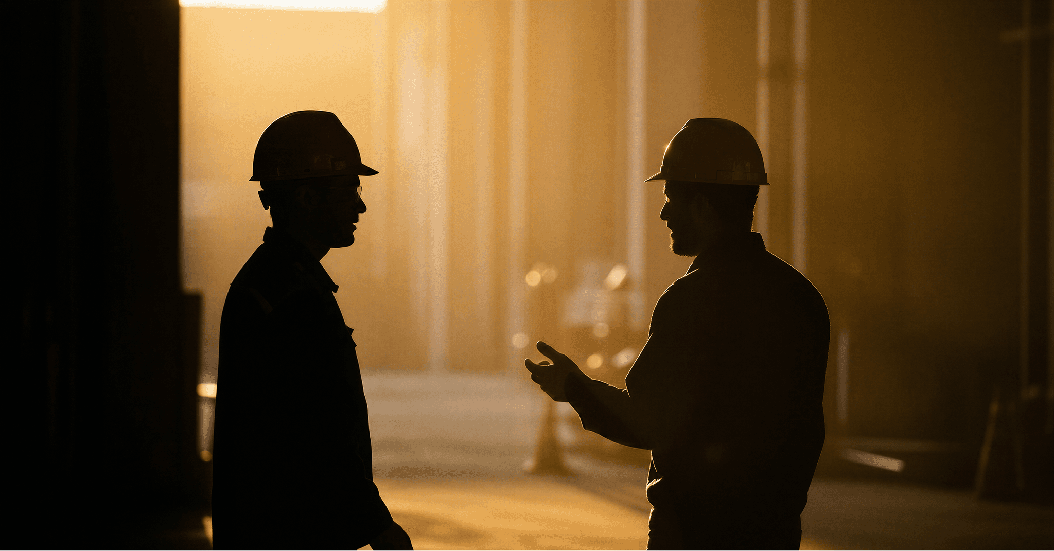 Two workers on job site wearing hardhats and talking with a sunset in the background