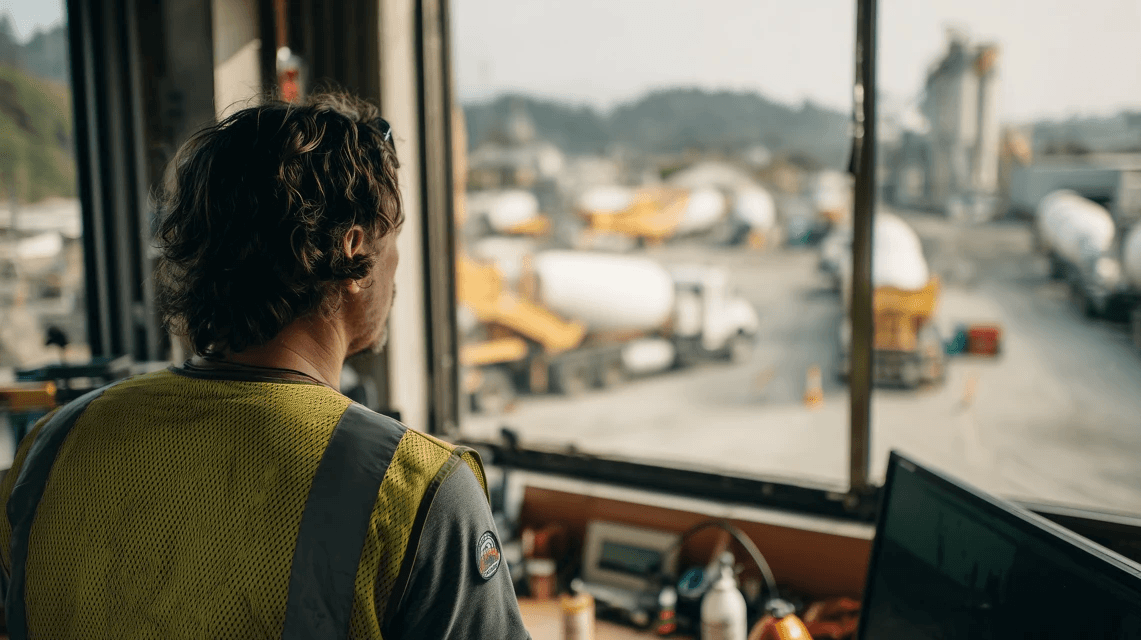 A third-persons view from inside a building looking out at a construction site or industrial yard through the side window.