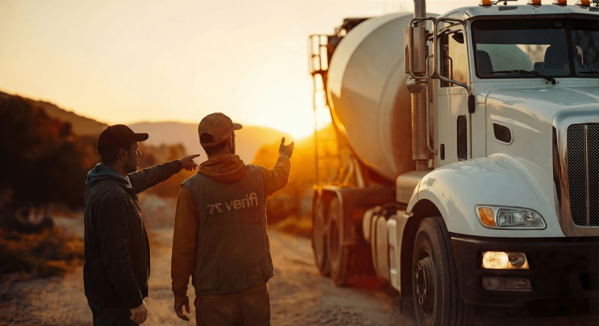 Verifi Technician talking to a man next to a mixer truck in the sunset