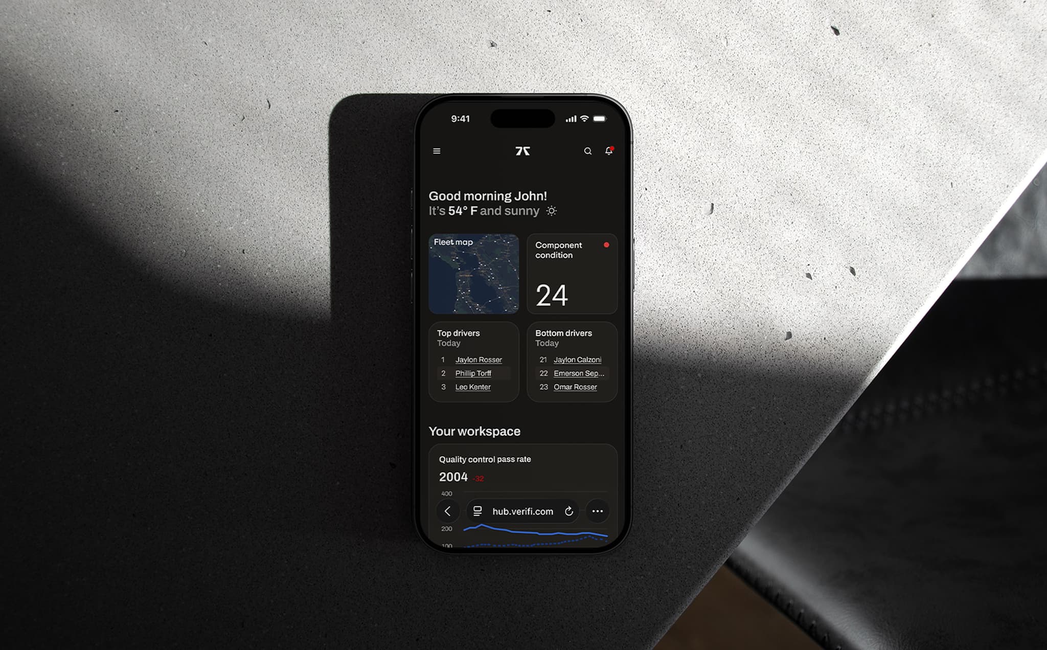 Iphone sitting on a stone table showing the Verifi Hub