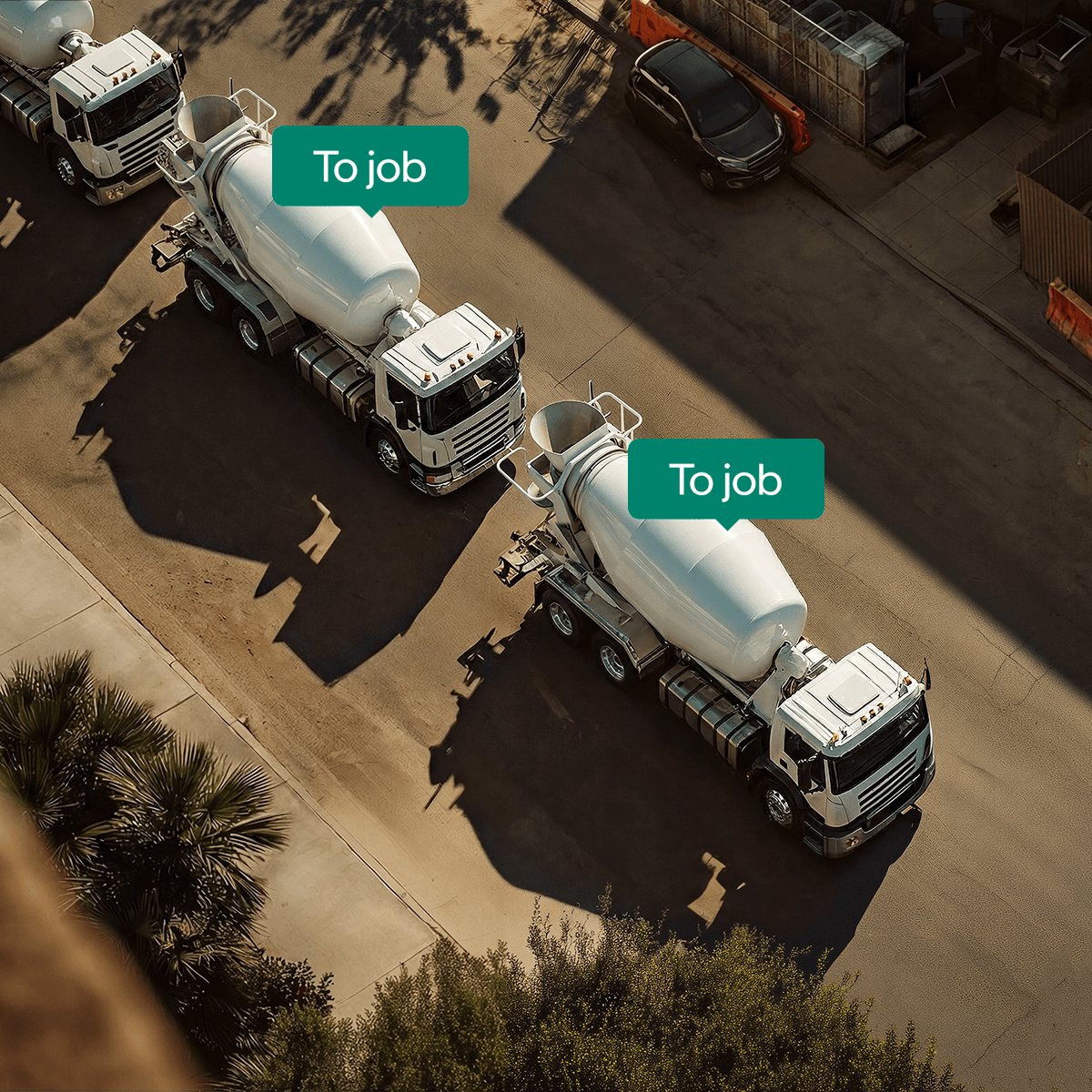 Aerial view of ready mix trucks headed to job site