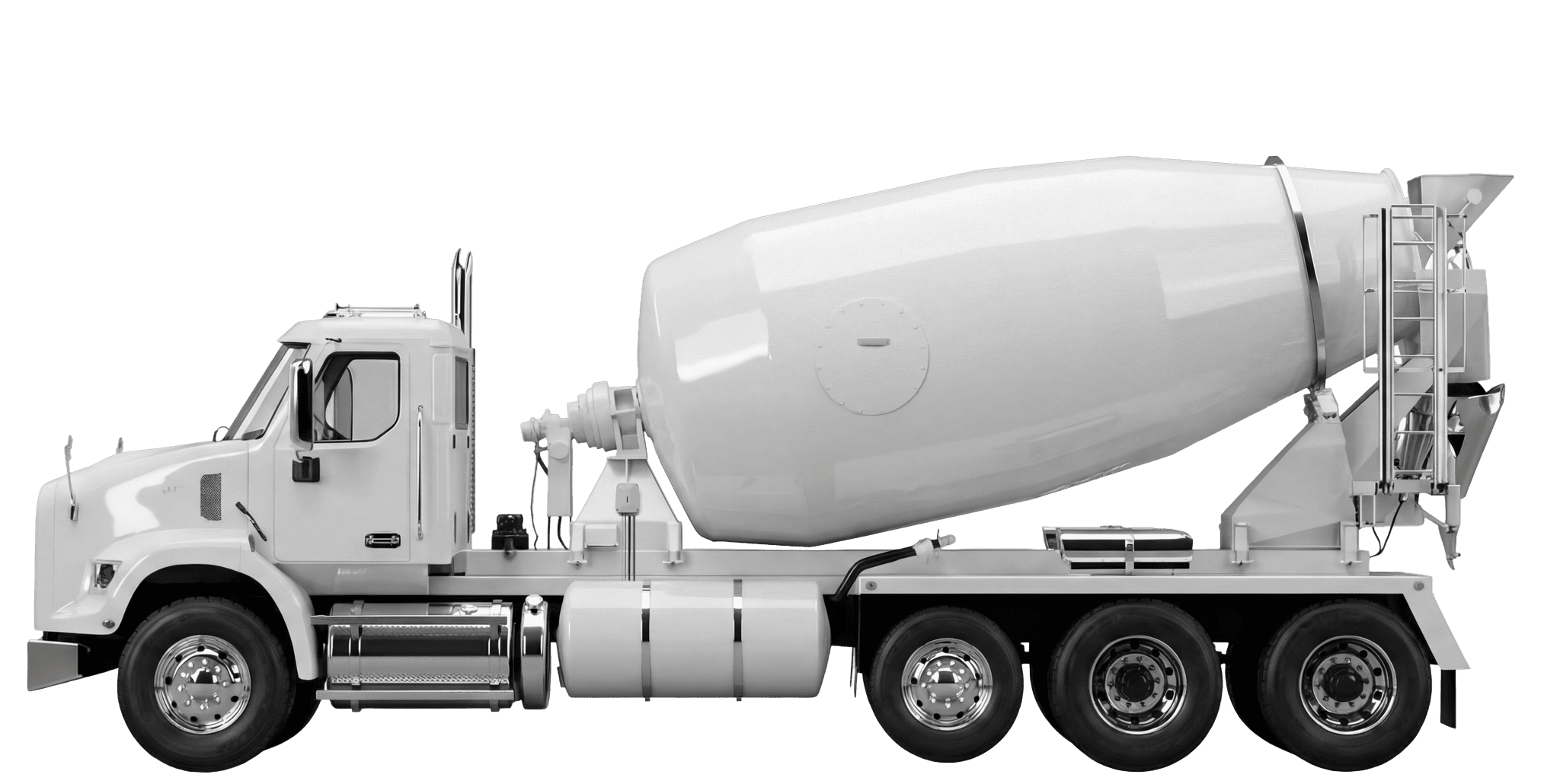 A side-profile studio shot of a white concrete mixer truck against a plain white background.